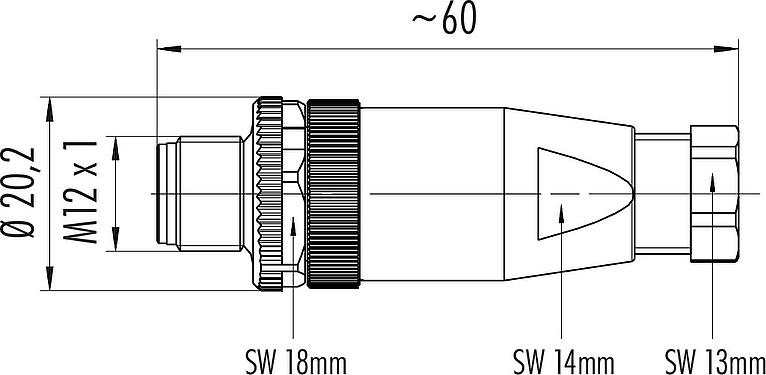 Dessin coté M12 Connecteur mâle, Contacts: 4, 6,0-8,0 mm, non blindé, sertir (Les contacts à sertir doivent être commandés séparément), IP67, UL 2238