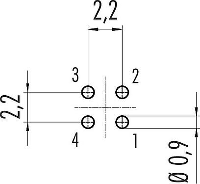 Conductor layout M9 Male panel mount connector, Contacts: 4, unshielded, THT, IP67, M12x0.5, Rear mounting, potted