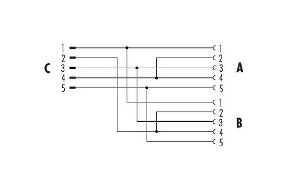 Belegungspläne M12 Zweifachverteiler, Y-Verteiler, Stecker - 2 Dosen, Polzahl: 5, ungeschirmt, steckbar, IP68, UL 2238