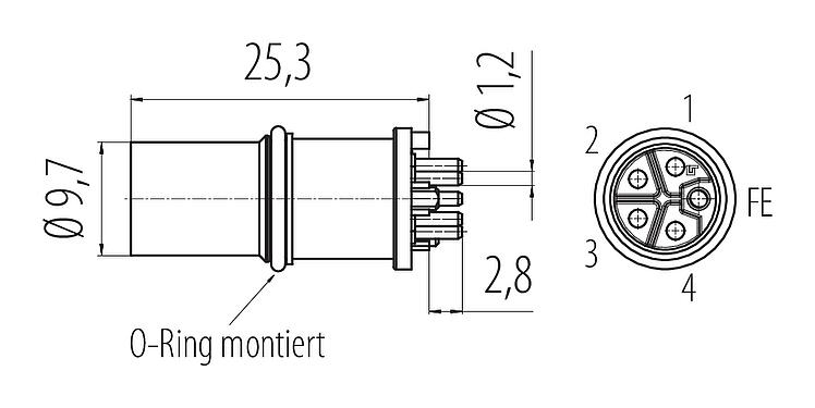 Maßzeichnung M12 Einbaustecker, Polzahl: 5, ungeschirmt, THR, IP68, UL 2238, Frontmontage