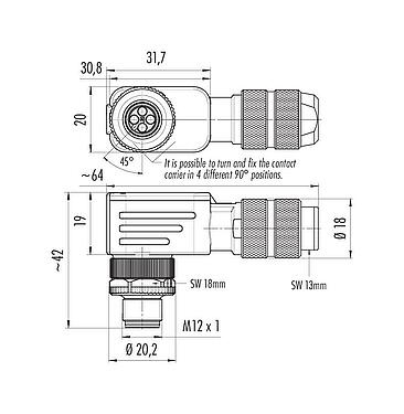 Výkres v měřítku M12 Úhlová zástrčka, : 4, 5,0-8,0 mm, stínitelné, krimpování (krimpovací kontakty je třeba objednat zvlášť), IP67, UL 2238
