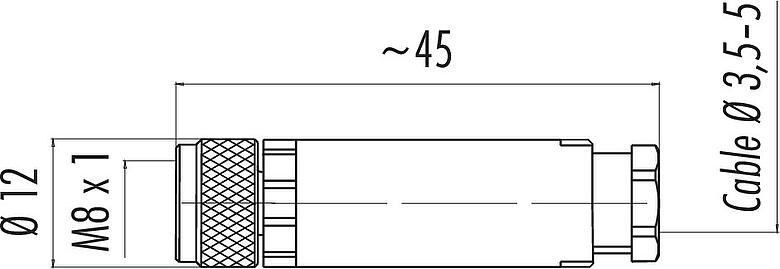 Scale drawing M8 Female cable connector, Contacts: 4, 3.5-5.0 mm, unshielded, screw clamp, IP67, UL 2238