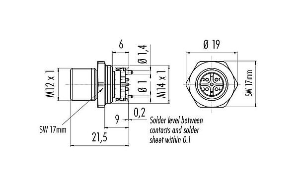 Výkres v měřítku M12 Přírubová zátka, : 5, nestíněný, SMT, IP67, M12x1,0, Přední montáž