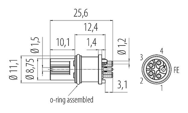 Schaaltekening M12 Female chassisdeel, aantal polen: 5, onafgeschermd, THR, IP68, UL 2238, Frontaansluiting