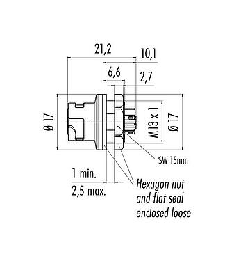 Schaaltekening Bajonet Female panel mount connector, aantal polen: 5, onafgeschermd, soldeer, IP54 losgekoppeld, M13x1,0, Frontaansluiting