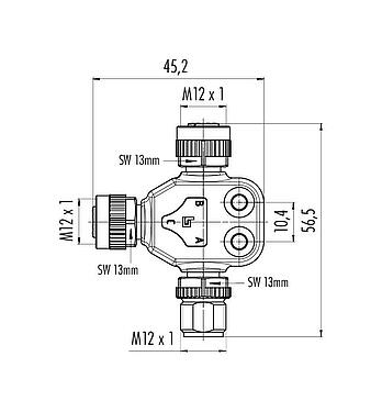 Maßzeichnung M12 Zweifachverteiler, T-Verteiler, Stecker - 2 Dosen, Polzahl: 5, ungeschirmt, steckbar, IP68, UL 2238