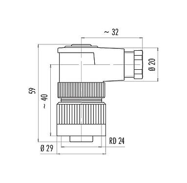 Dessin coté RD24 Connecteur femelle coudé, Contacts: 6+PE, 6,0-8,0 mm, non blindé, sertir (Les contacts à sertir doivent être commandés séparément), IP67, UL, ESTI+, VDE, PG 9