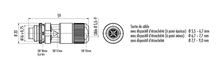 Dessin coté M16 Connecteur mâle, Contacts: 8, 5,5-9,0 mm, blindable, IDC, IP67