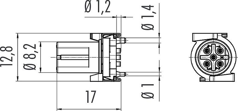 縮尺図 M12 メスレセプタクル, 極数: 5, シールド可能, SMT, IP67