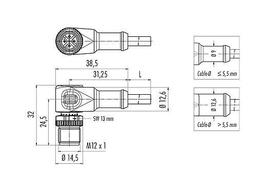 Scale drawing 77 3427 0000 50004-0500 - M12 Male angled connector, Contacts: 4, unshielded, moulded on the cable, IP69K, UL, PUR, black, 4 x 0.34 mm², 5 m