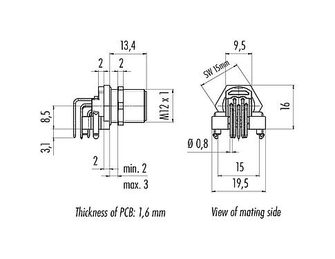 Méretarányos rajz M12 panelre szerelhető csatlakozó, derékszögű, : 8, árnyékolatlan, THR, IP68, UL 2238, hátsó panel felszerelés, PCB szereléshez