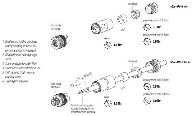 Instrucción de montaje M12 Conector de cable macho, Número de contactos: 2+PE, 8,0-10,0 mm, sin blindaje, tornillo extraíble, IP67, UL 2238