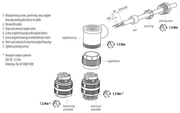 装配说明 7/8" 弯角针头电缆连接器, 极数: 2+PE, 6.0-8.0mm, 非屏蔽, 螺钉接线, IP67, UL 2238, VDE