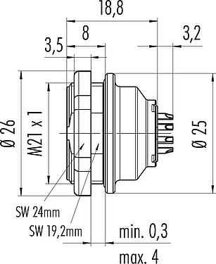 縮尺図 プッシュ・プル メスパネルマウントコネクタ, 極数: 12, 非シールド, はんだ, IP67, M21x1,0, 背面パネルマウント