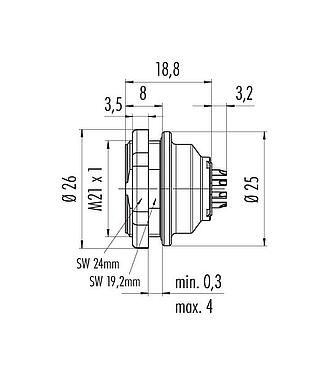 Maßzeichnung Push Pull Flanschdose, Polzahl: 12, schirmbar, löten, IP67, M21x1,0, Rückwandmontage