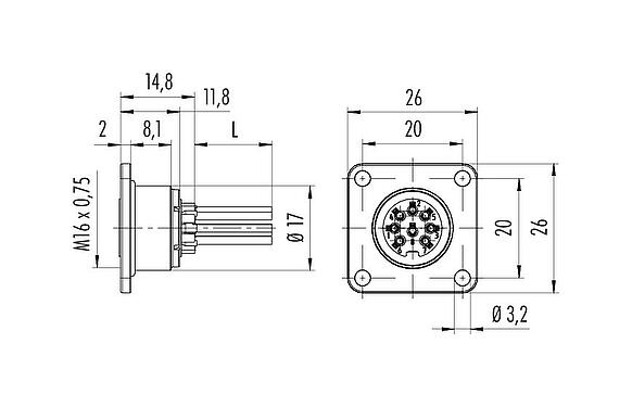 Maßzeichnung M16 Flanschdose, Polzahl: 8 (08-a), ungeschirmt, Litzen, IP68, UL 2238, AISG konform, M18x0,75, Frontmontage