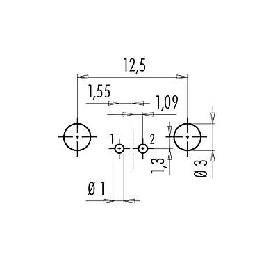 Disposizione dei conduttori 09 0404 55 02 - M9 Connettore femmina a flangia, angolato, Numero poli: 2, schermabile, THT, IP67, montaggio anteriore