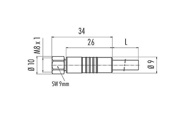 Maßzeichnung M8 Kabeldose, Polzahl: 8, ungeschirmt, am Kabel angespritzt, IP67/IP69K, UL 2238, PVC, grau, 8 x 0,25 mm², Edelstahl, 5 m