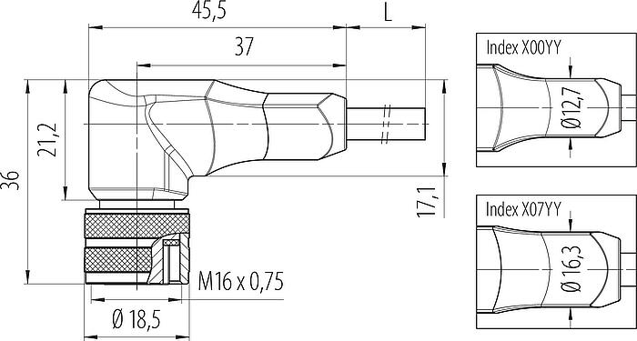 Dessin coté M16 Connecteur femelle coudé, Contacts: 3, blindé, surmoulé sur le câble, IP67, PUR, noir, 3 x 0,34 mm², 5 m