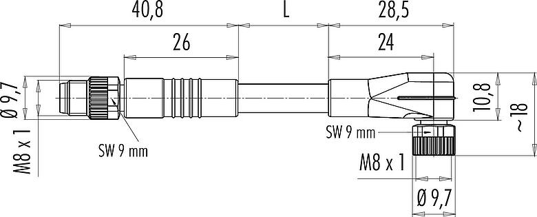 Schaaltekening M8 Verbindingskabel kabelstekker - female haakse connector met LED, aantal polen: 3, onafgeschermd, aan de kabel aangegoten, IP67/IP69K, UL 2238, PUR, zwart, 3 x 0,34 mm², met LED PNP, 1 m