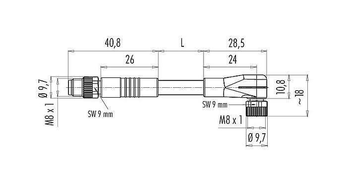 Disegno in scala M8 Cavo di collegamento connettore cavo maschio - connettore angolare femmin con LED, Numero poli: 3, non schermato, stampato sul cavo, IP67/IP69K, UL 2238, PUR, nero, 3 x 0,34 mm², con PNP a LED, 1 m