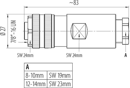 Schaaltekening 7/8" Kabeldoos, aantal polen: 2+PE, 8,0-10,0 mm, onafgeschermd, schroefklem, IP67, UL 2238, VDE