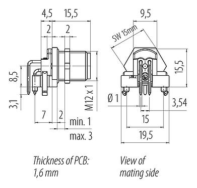 Scale drawing M12 Male panel mount connector, Contacts: 4, shieldable, THR, IP67, UL 2238, M12x1.0, Rear mounting