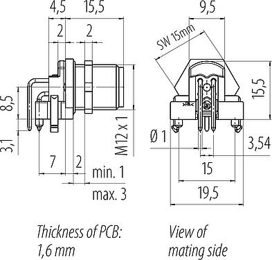Scale drawing M12 Male panel mount connector, Contacts: 4, shieldable, THR, IP67, UL 2238, M12x1.0, Rear mounting