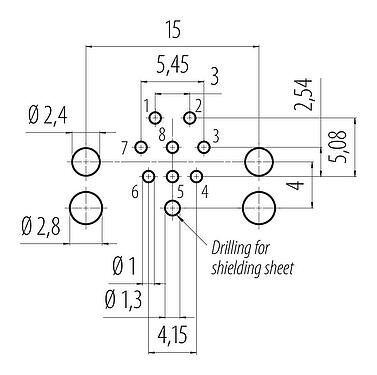 導體佈局 M12 孔頭法蘭座, : 8, 可接遮罩, THR, IP68, UL 2238, M12x1.0, 後壁安裝, 用於PCB組裝