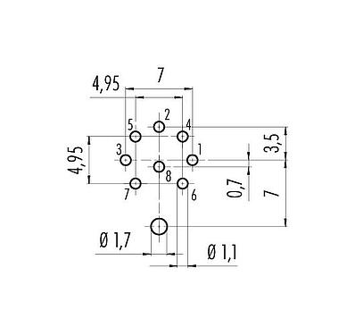 Conductor layout M16 Male panel mount connector, Contacts: 8 (08-a), shieldable, THT, IP40, M18x0,75, Rear mounting