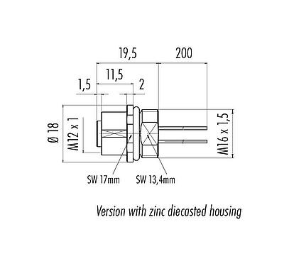 Schaaltekening M12 Female panel mount connector, aantal polen: 4, onafgeschermd, draden, IP68, UL 2238, M16x1,5, Frontaansluiting