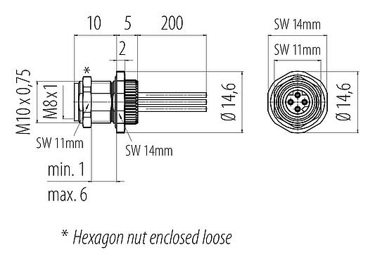 Méretarányos rajz M8 panelre szerelhető foglalat, : 4, árnyékolatlan, sodrott vezeték, IP67, M8x1,0, hátsó panel felszerelés