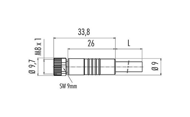 Dibujo a escala M8 Conector de cable hembra, Número de contactos: 3, sin blindaje, moldeado en el cable, IP67/IP69K, UL 2238, PUR, negro, 3 x 0,34 mm², con LED PNP, 5 m