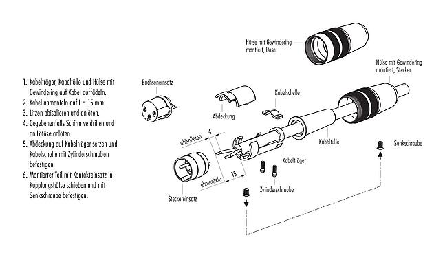 Montageanleitung M16 Kabelstecker, Polzahl: 2 (02-a), 3,0-6,0 mm, ungeschirmt, löten, IP40