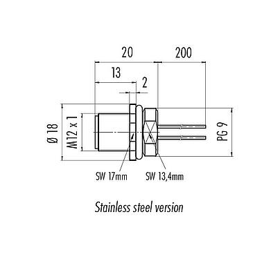 比例图 M12 针头法兰座, 极数: 8, 非屏蔽, 带导线, IP68, UL 2238, PG 9, 板前安装, 不锈钢