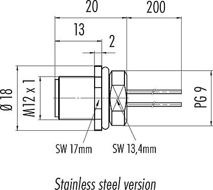 Scale drawing M12 Male panel mount connector, Contacts: 4, unshielded, single wires, IP68, UL 2238, PG 9, Front mounting, stainless steel, potted