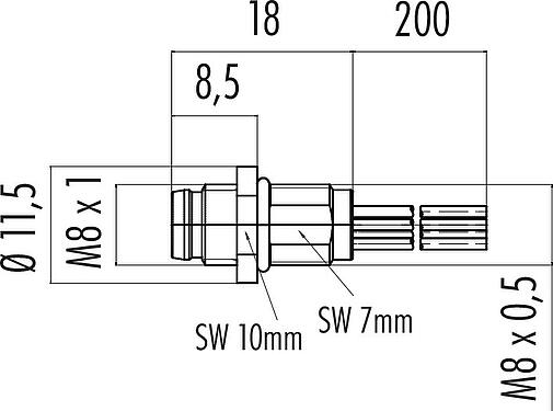 Scale drawing M8 Male panel mount connector, Contacts: 8, unshielded, single wires, IP67/IP69K, UL 2238, M8x0.5, Front mounting, potted