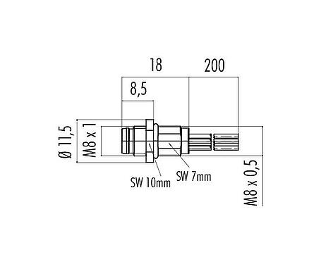 Schaaltekening M8 Male panel mount connector, aantal polen: 3, onafgeschermd, draden, IP67/IP69K, UL 2238, M8x0,5, Frontaansluiting, gegoten