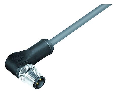 Ilustracja M12 Męskie złącze kablowe kątowe, Kontaktów: 3, ekranowany, formowane wtryskowo na kablu, IP67, UL 2238, PVC, szary, 3 x 0,34 mm², 2 m