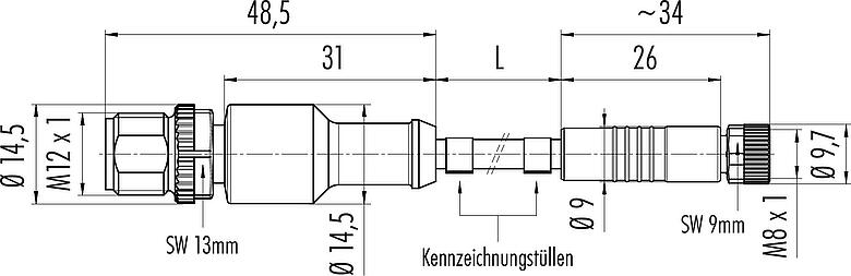 Maßzeichnung M12/M8 Kabelstecker - Kabeldose, Polzahl: 4, ungeschirmt, am Kabel angespritzt, IP67/IP69K, UL 2238, PUR, schwarz, 4 x 0,34 mm², 2 m