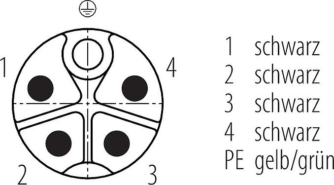 Polbild (Steckseite) M12 Flanschstecker, Polzahl: 5, ungeschirmt, Litzen, IP68, UL 2238, M16x1,5, Frontmontage, vergossen