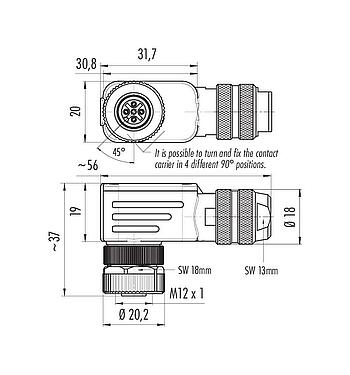 Dibujo a escala M12 Conector hembra en ángulo, Número de contactos: 4, 4,0-6,0 mm, blindable, abrazadera de alambre, IP67, con anillo de protección