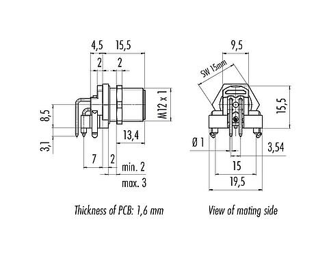 Výkres v měřítku M12 Přírubová zátka, úhlová, : 4, nestíněný, THR, IP68, UL 2238, Montáž na zadní stěnu, pro montáž desek plošných spojů, dvoudílný verze