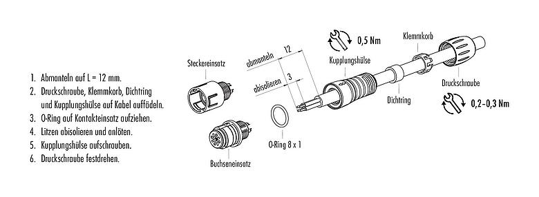 Montageanleitung Snap-In Kabelstecker, Polzahl: 3, 3,5-5,0 mm, ungeschirmt, löten, IP67