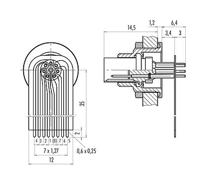 Connection & dimensions M9 Male panel mount connector, Contacts: 7, unshielded, THT, IP67, M12x0.5, Rear mounting, potted