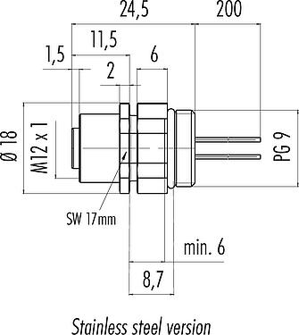 Scale drawing M12 Female panel mount connector, Contacts: 4, unshielded, single wires, IP68/IP69K, UL 2238, PG 9, Front mounting, stainless steel, positionable, potted