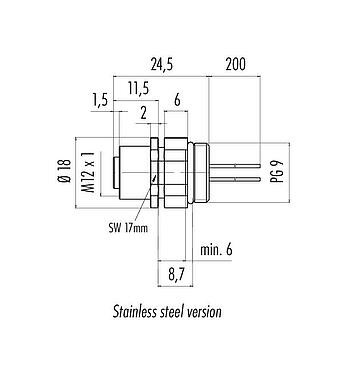 Méretarányos rajz M12 panelre szerelhető foglalat, : 4, árnyékolatlan, sodrott vezeték, IP68/IP69K, UL 2238, PG 9, elülső rögzítés, rozsdamentes acél, pozícionálható