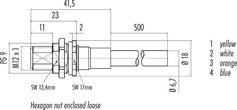 縮尺図 M12 オスパネルマウントコネクタ, 極数: 4, シールド, ケーブル組込時, IP67, UL, PG 9, Profinet, PUR, グリーン, 2x2xAWG 22, 背面パネルマウント, 0.5m