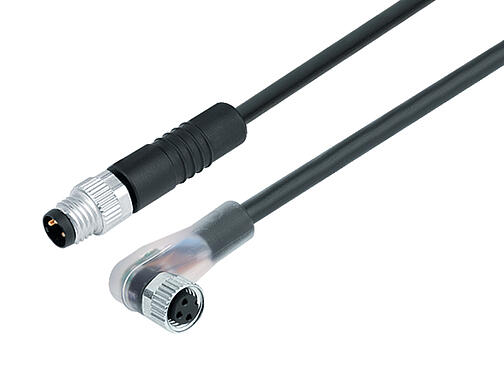 Illustration 77 3608 3405 50003-0100 - M8/M8 Connecting cable male cable connector - female angled connector with LED, Contacts: 3, unshielded, moulded on the cable, IP67, UL, PUR, black, 3 x 0.34 mm², with LED PNP, 1 m