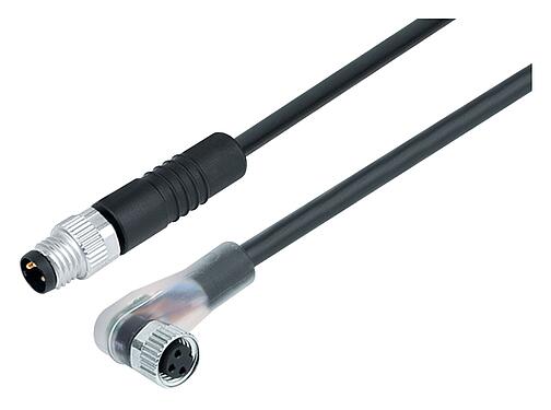 Illustrazione M8 Cavo di collegamento connettore cavo maschio - connettore angolare femmin con LED, Numero poli: 3, non schermato, stampato sul cavo, IP67/IP69K, UL 2238, PUR, nero, 3 x 0,34 mm², con PNP a LED, 1 m